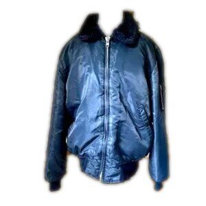 Mens Timber King Navy Blue Full Zip Bomber Jacket Vintage 80s Fur Collar